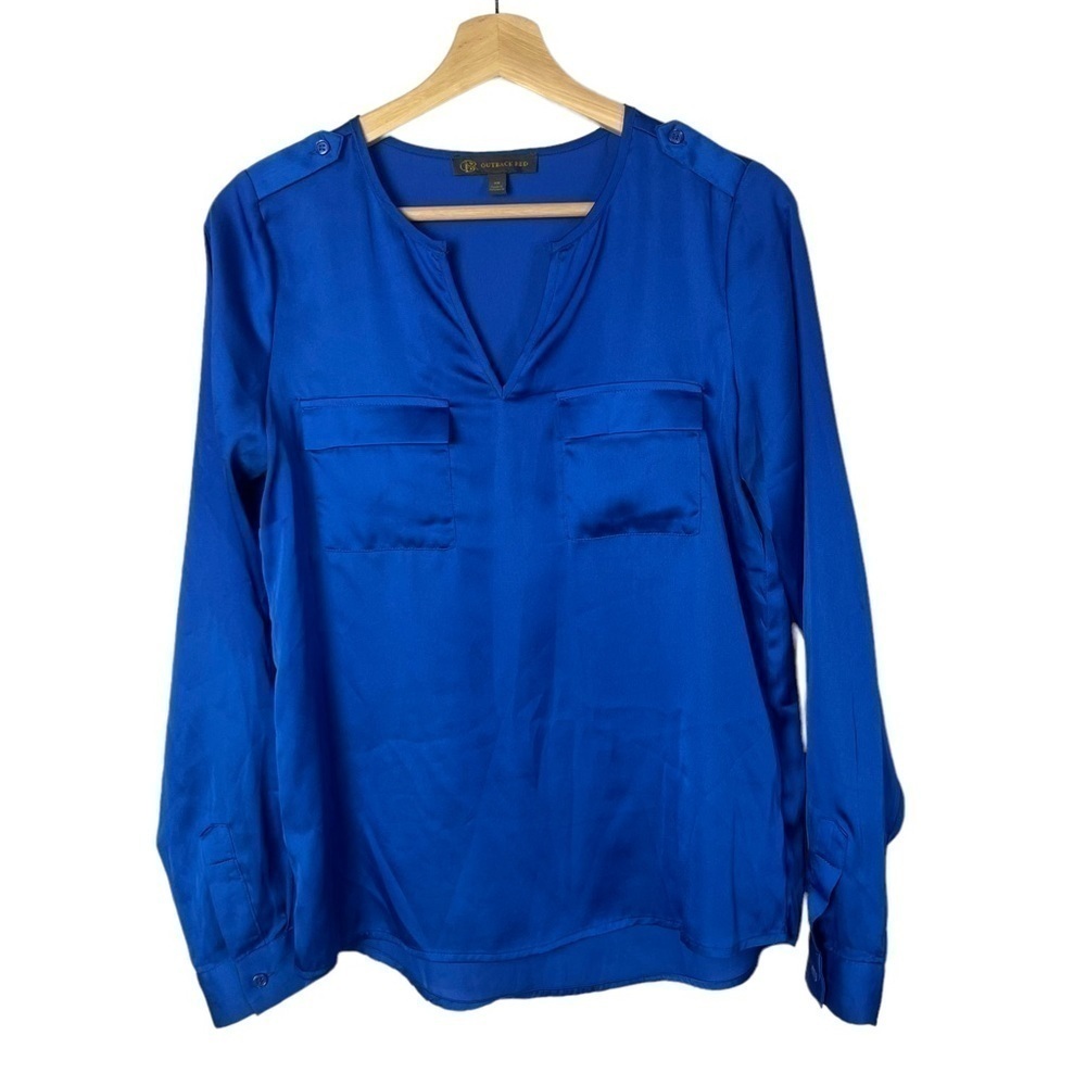 Outback Red Royal Blueโ Pocket Front Satin Long Sleeve Blouse XS